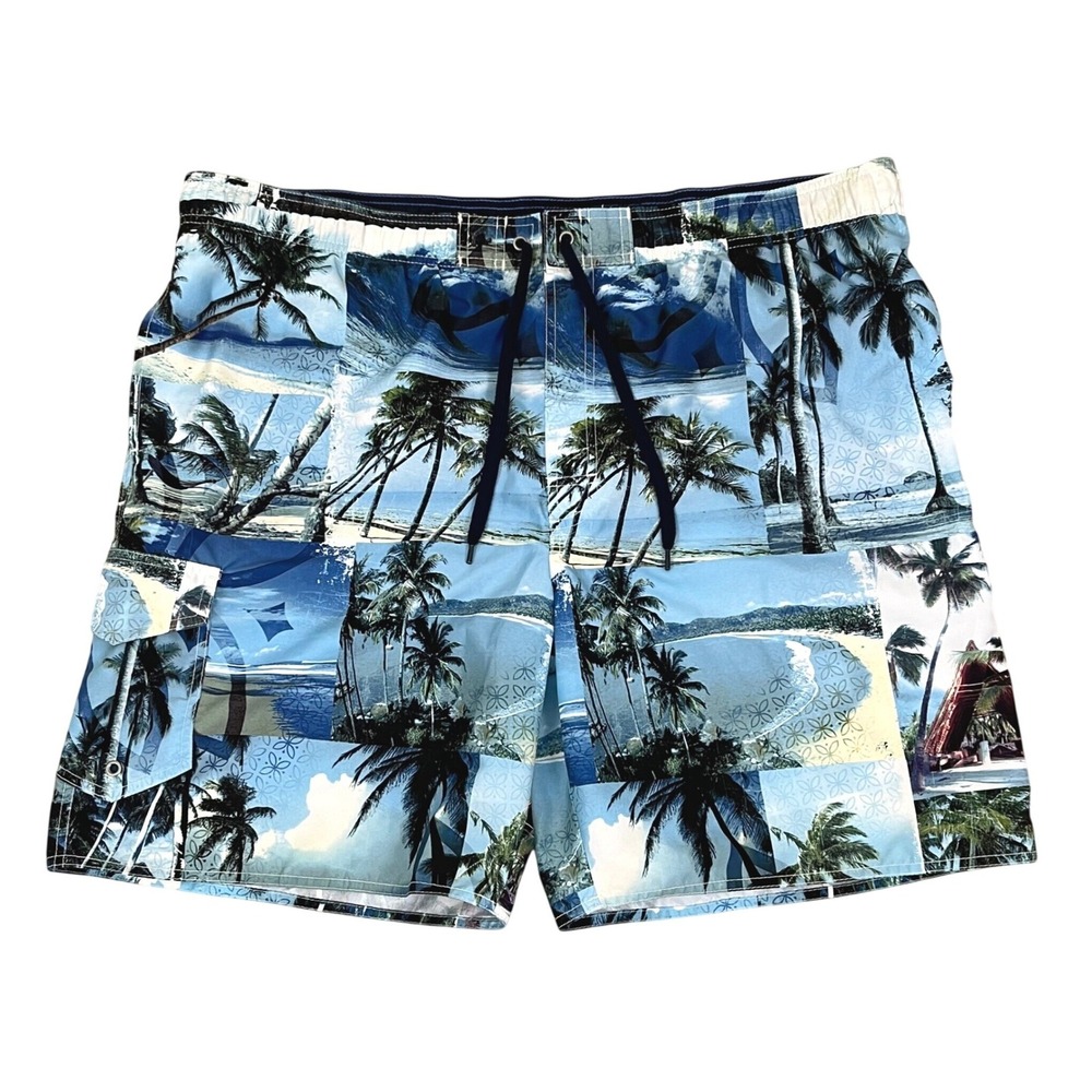 Paradise Shores Mens Swim Trunks XL Blue Tropical Palm Tree Lined Board Shorts